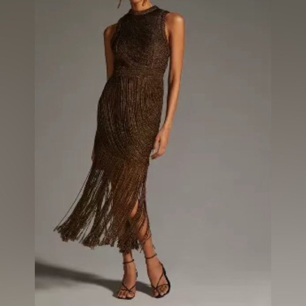Anthropologie Not So Serious by Pallavi Mohan Fringed Halter Dress Bronze